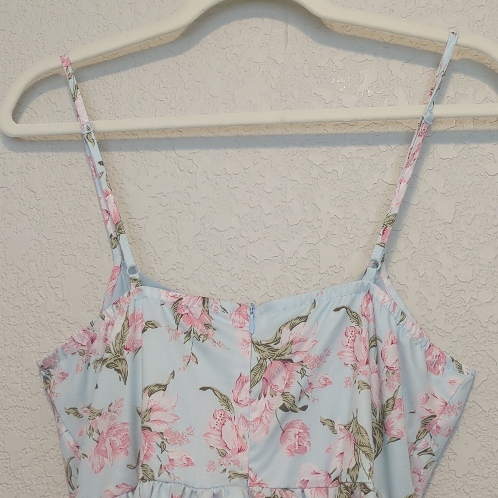 Shein MOD light blue pink ditsy floral lace up strapless mini dress - Picture 11 of 12
